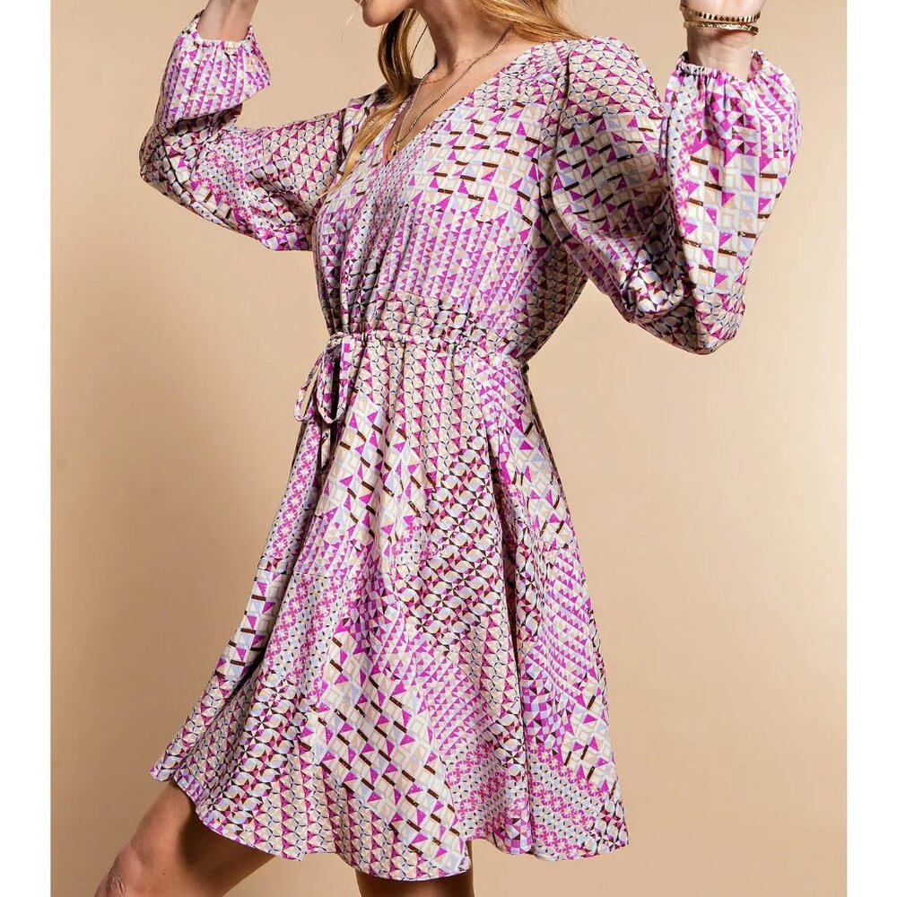 NWT Lavender Geo Print Tie Waist Dress with pockets - Picture 3 of 5